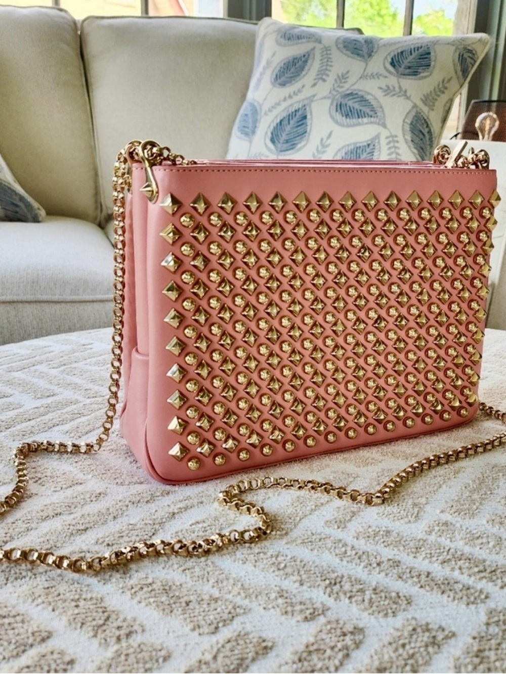 Christian Louboutin Triloubi Pink Studded Leather Crossbody Bag with Gold Chain